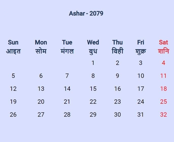 Nepali Calendar 2079 Ashar